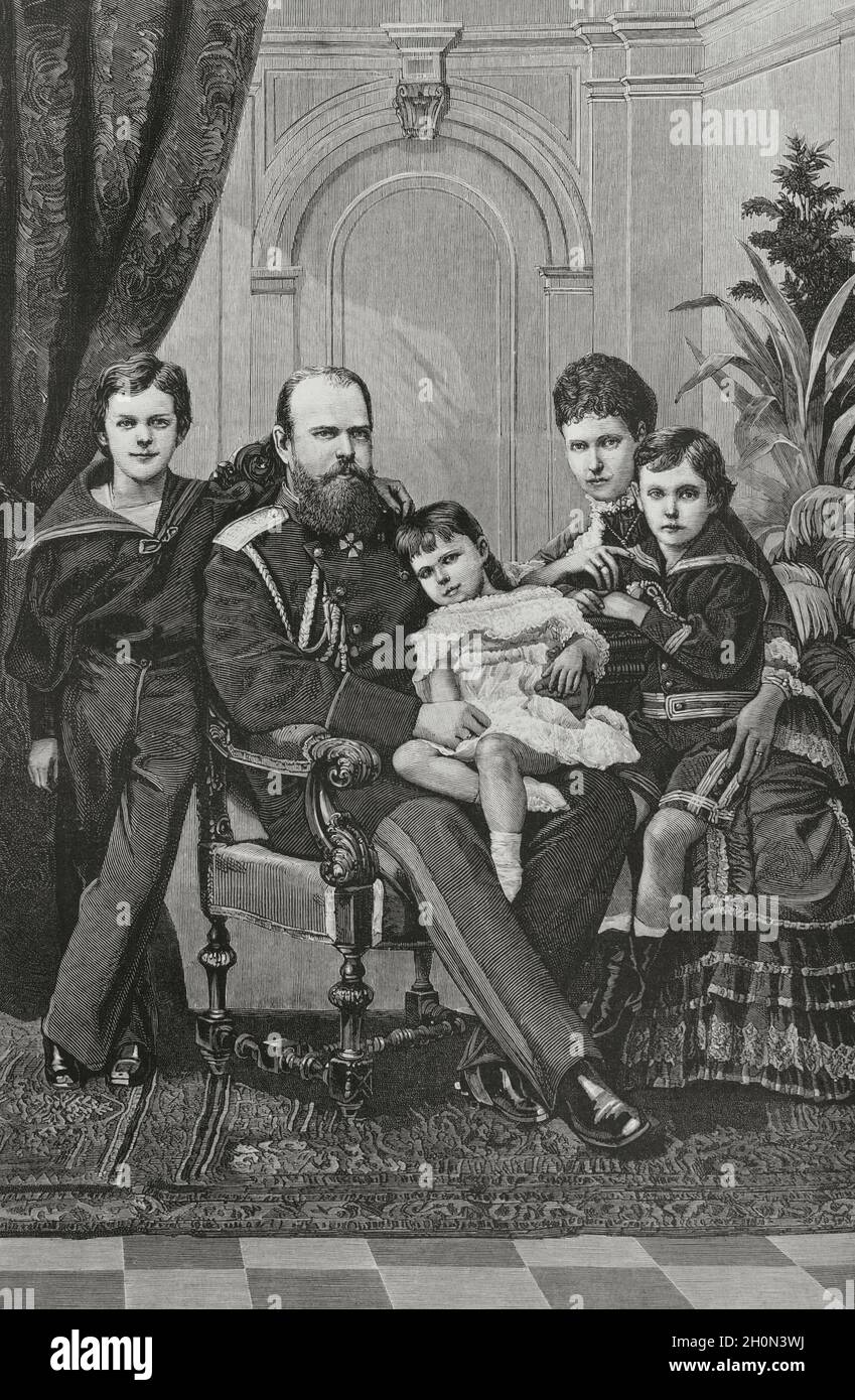 Rusia. Zar Alejandro III de Rusia (1845-1894) con su esposa Tsarina Maria Fyodorovna Romanova (Dagmar de Dinamarca) (1847-1928). De izquierda a derecha; Foto de stock