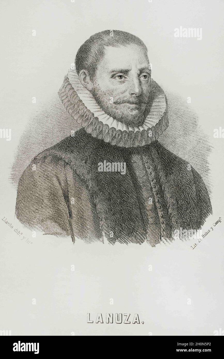 Juan de Lanuza (1564-1591). Presidente de la Corte General de Aragón. Vertical. Ilustración por lanta. Litografía. Cronica General de España, Historia ilustrada y De Foto de stock