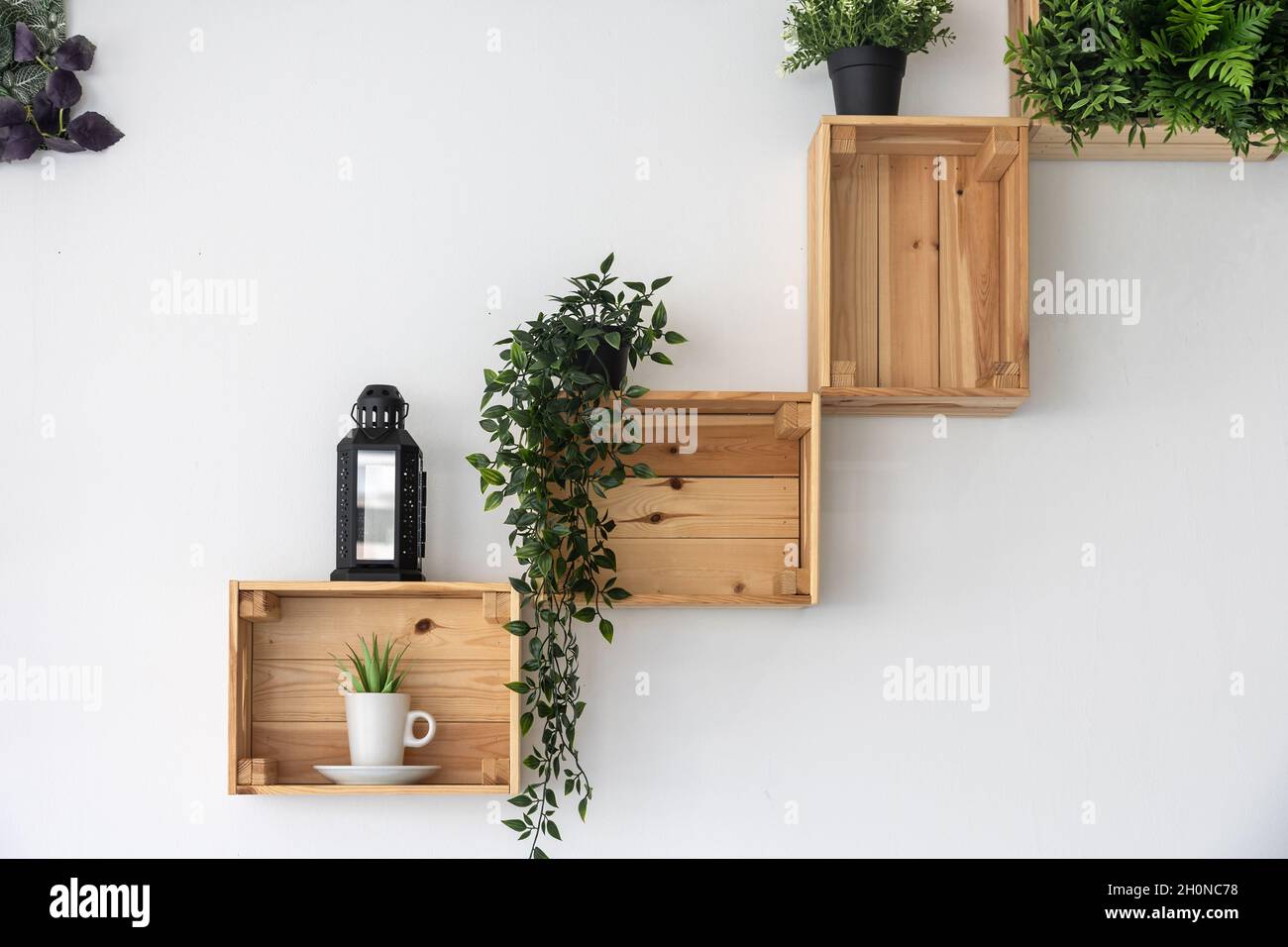 Cajas de madera fijadas en la pared blanca como estantes decorativos para  plantas Fotografía de stock - Alamy