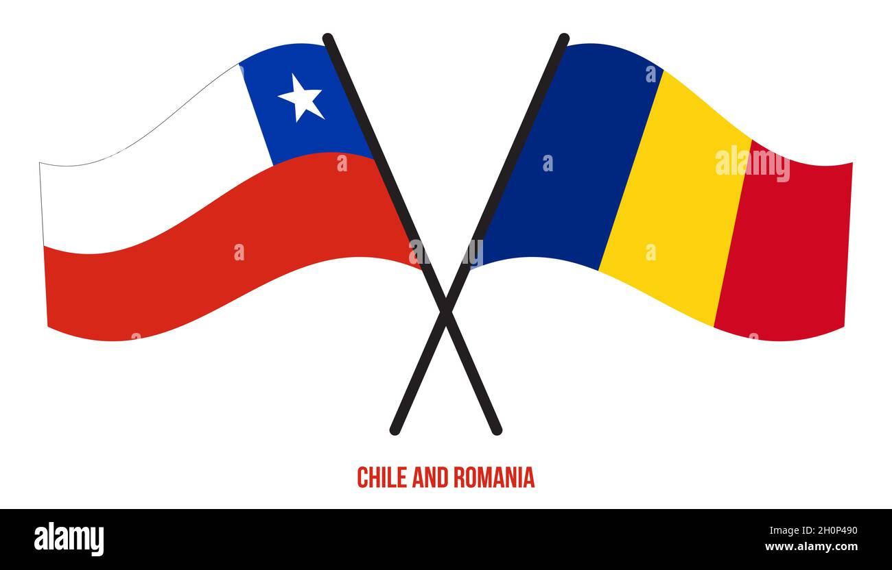 Chile y Rumania banderas cruzaron y agitaron estilo plano. Proporción