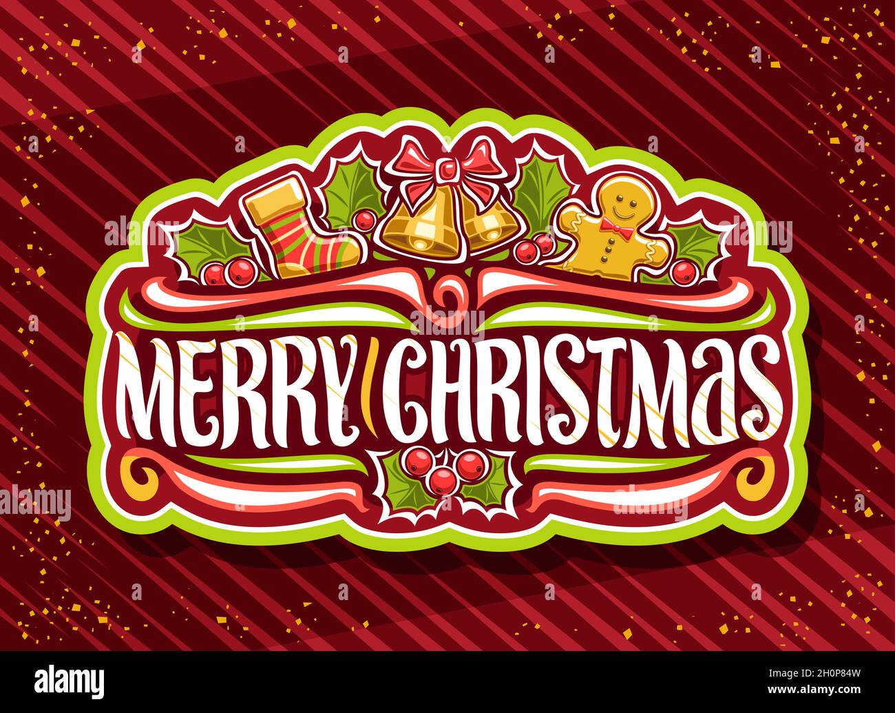 Logotipo vectorial para las felices fiestas de Navidad, insignia decorativa verde con ilustración de calcetín para niños, campanas doradas con lazo, pan de jengibre lindo, diseño de dibujos animados Ilustración del Vector