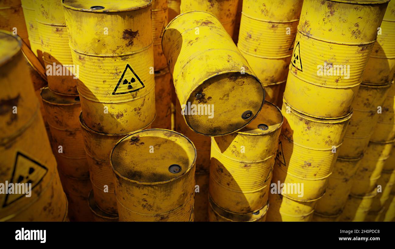 muchos barriles con desechos radiactivos Foto de stock