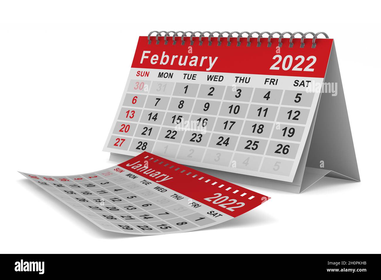 2022 años. Calendario para febrero. Ilustración 3D aislada Foto de stock