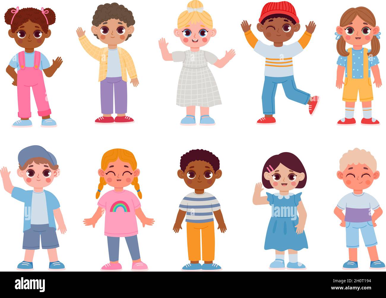 Dibujos animados niños multiculturales felices saludando y sonriendo.  Personajes infantiles con gesto de saludo. Juego de vectores para niños y  niñas Imagen Vector de stock - Alamy