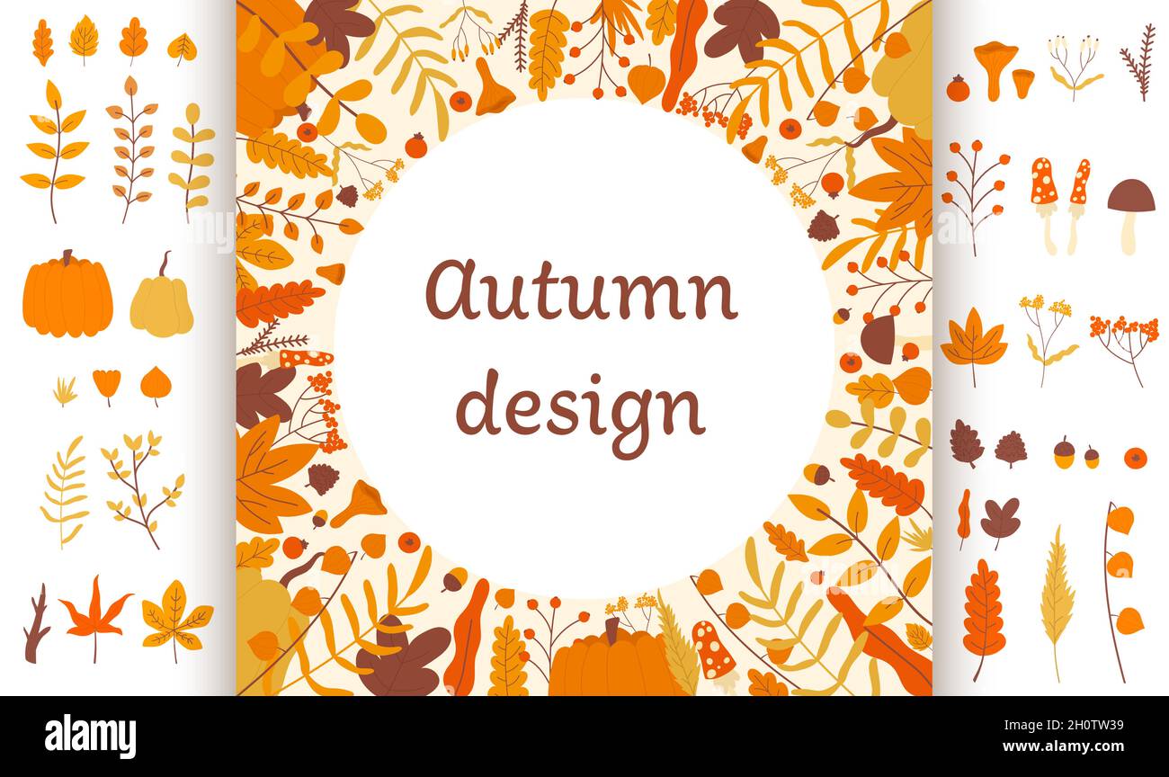 Ilustración de vector de diseño redondo de otoño. Dibujos animados de  calabaza de la cosecha de alimentos, flores, naranja rojo hoja de árbol y  bellota, setas en el marco de la frontera