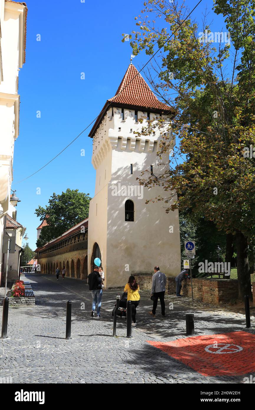 Torre Potters junto a la histórica muralla de la ciudad en Sibiu, Transilvania, Rumania Foto de stock
