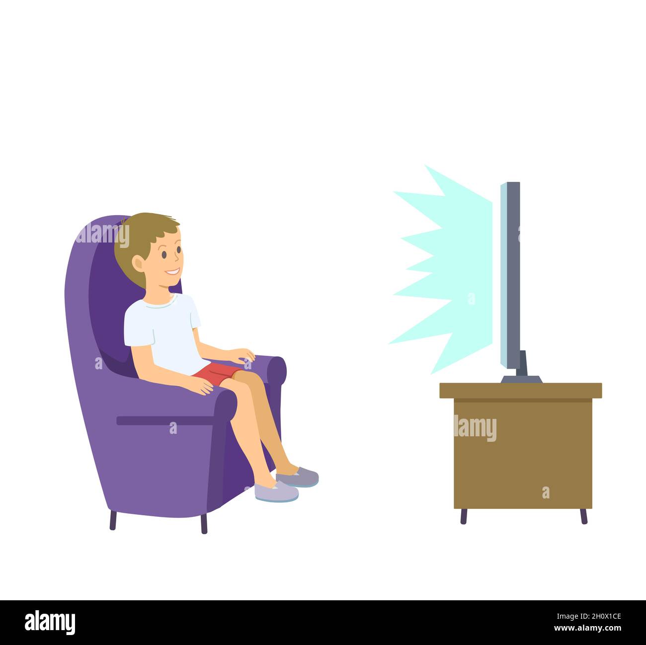 Niño pequeño viendo la televisión en silla púrpura aislada sobre fondo blanco. Ilustración conceptual de dibujos animados vectoriales en bonitos colores pastel Imagen Vector de stock - Alamy Niño pequeño viendo la televisión en silla púrpura aislada sobre fondo blanco. Ilustración conceptual de dibujos animados vectoriales en bonitos colores pastel Imagen Vector de stock - Alamy
