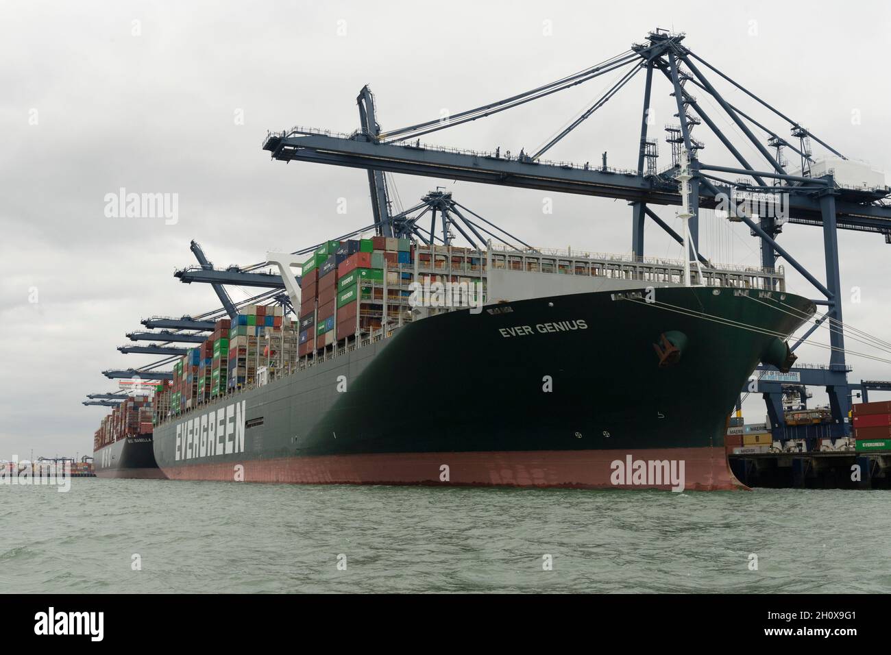 14/10/2021. Felixstowe, Reino Unido. La tienda de carga Evergreen está atracada en el puerto de Felixstowe, que ha tenido que desturar buques de Asia debido a la acumulación de contenedores que no se distribuyen debido a la escasez de conductores de vehículos pesados. AP Moller-Maresk, la empresa de contenedores más grande del mundo, ha tenido que cargar contenedores en barcos más pequeños con destino al Reino Unido. Esto está teniendo un efecto perturbador a medida que la industria naviera entra en el período de entrega anterior a la Navidad con una posible escasez de artículos de Navidad que se venden en el Reino Unido. Foto de stock