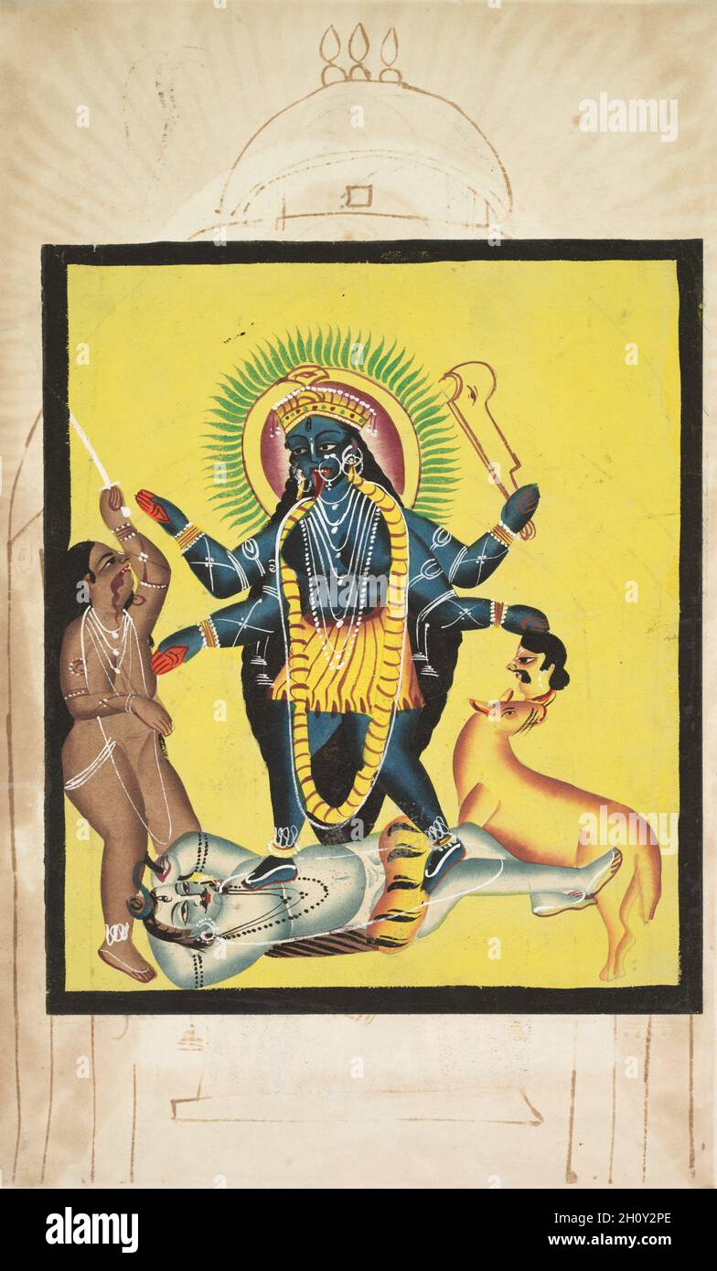 Kali de pie en Shiva (verso), c. 1890. India Oriental, Bengala, Calcuta, Kalghat. Acuarela, grafito y tinta sobre papel; soporte secundario: 49,7 x 29,3 cm (19 9/16 x 11 9/16 pulg.); pintura solamente: 30 x 25,5 cm (11 13/16 x 10 1/16 pulg.). De piel negra, de cuatro brazos, con su lengua fuera, y la sangre goteando de su boca, Kali tiene un tercer ojo—representativo del conocimiento iluminado o divino—en su frente. Simultáneamente benevolente y peligrosa, sostiene una espada y la cabeza cortada de un demonio en dos manos mientras que las otras dos manos están en gestos de protección y bendición. Esta imagen habría sido s Foto de stock