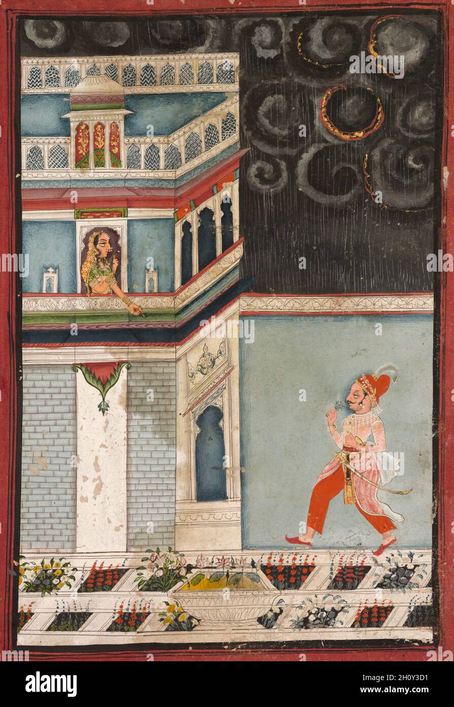 Lover's Tryst, 1750-1800. La India, Rajastán, Bundi Estilo, segunda mitad del siglo XVIII. Color sobre papel; imagen: 30,7 x 23 cm (12 1/16 x 9 1/16 pulg.); total: 25 x 17,1 cm (9 13/16 x 6 3/4 in.). Foto de stock