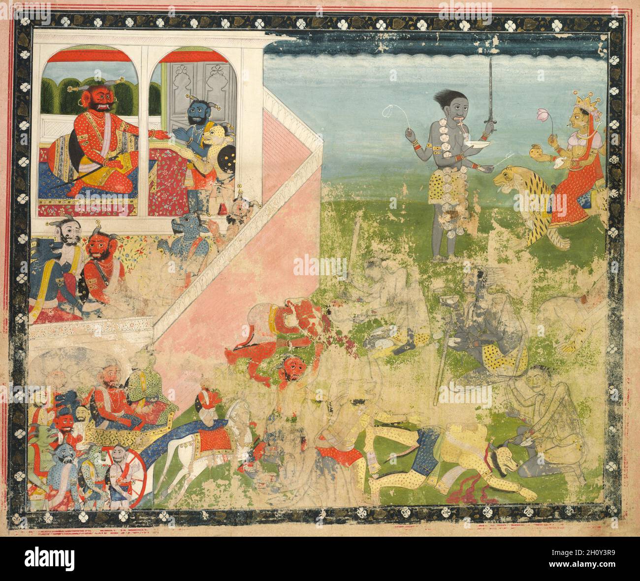 Ataque Kali y Devi: Hoja de un Devi Mahatmya, c. 1840. India, escuela de Kangra, siglo 19th. Color sobre papel; imagen: 20 x 24,3 cm (7 7/8 x 9 9/16 pulg.); total: 24,4 x 29 cm (9 5/8 x 11 7/16 pulg.). Foto de stock