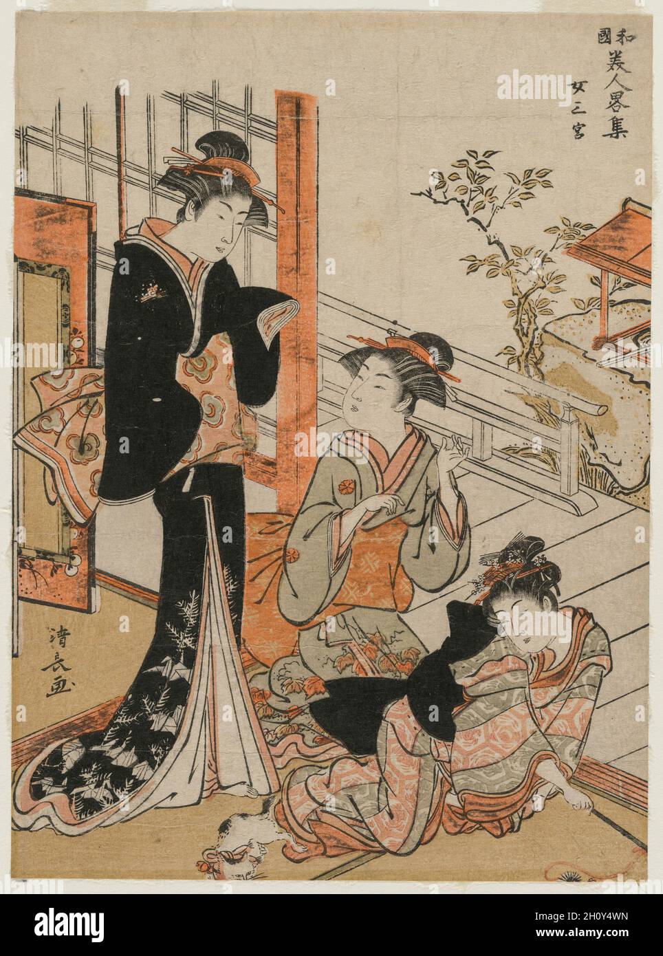 Tres mujeres (desde la serie Una Breve colección de bellezas japonesas), 1781. Torii Kiyonaga (japonés, 1752-1815). Grabado en madera de color; hoja: 25,2 x 18,4 cm (9 15/16 x 7 1/4 in.). Foto de stock