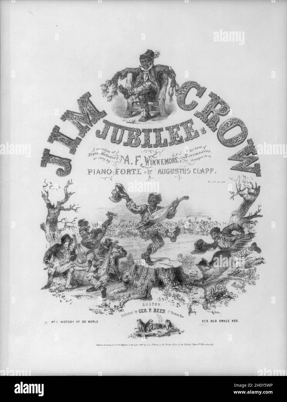 La ilustración de la portada de la partitura de la vendimia alrededor de 1847 titulada 'Jim Crow Jubilee' con caricaturas de los afroamericanos Foto de stock
