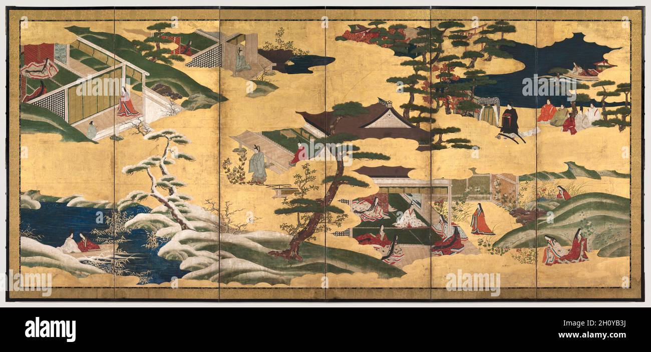 Escenas de la Historia de Genji, finales de 1700s. Japón, período Edo  (1615-1868). Una de las dos pantallas plegables de seis paneles; tinta,  color y oro sobre papel dorado; imagen: 154,5 x
