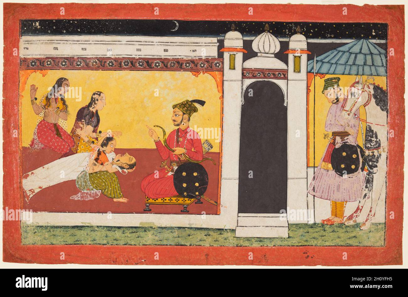 Kandala muere al escuchar la noticia de la muerte de Madhava, de un Madhavanala Kamakandala, c. 1720. India, Bilaspur. Goma de temple y oro sobre papel; imagen: 17,6 x 28,5 cm (6 15/16 x 11 1/4 pulg.); página: 20,2 x 31 cm (7 15/16 x 12 3/16 pulg.). Raja Bikramaditya está vestida de la manera popular de los reyes Pahari de los 1600s. El cadáver de Kandala cuenta con el apoyo de tres mujeres que se apresuran a atenderla. Ella está envuelta en blanco puro, como es costumbre en la India. La escena se fija por la noche con un cielo repleto de estrellas. Foto de stock