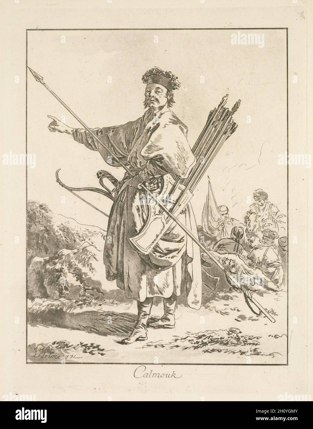 Calmouk, 1771. Jean Baptiste Le Prince (francés, 1734-1781). Aguafuerte y aguatinta; hoja: 28,9 x 20,8 cm (11 3/8 x 8 3/16 pulg.); marca de plato: 24,1 x 18,4 cm (9 1/2 x 7 1/4 pulg.). Foto de stock