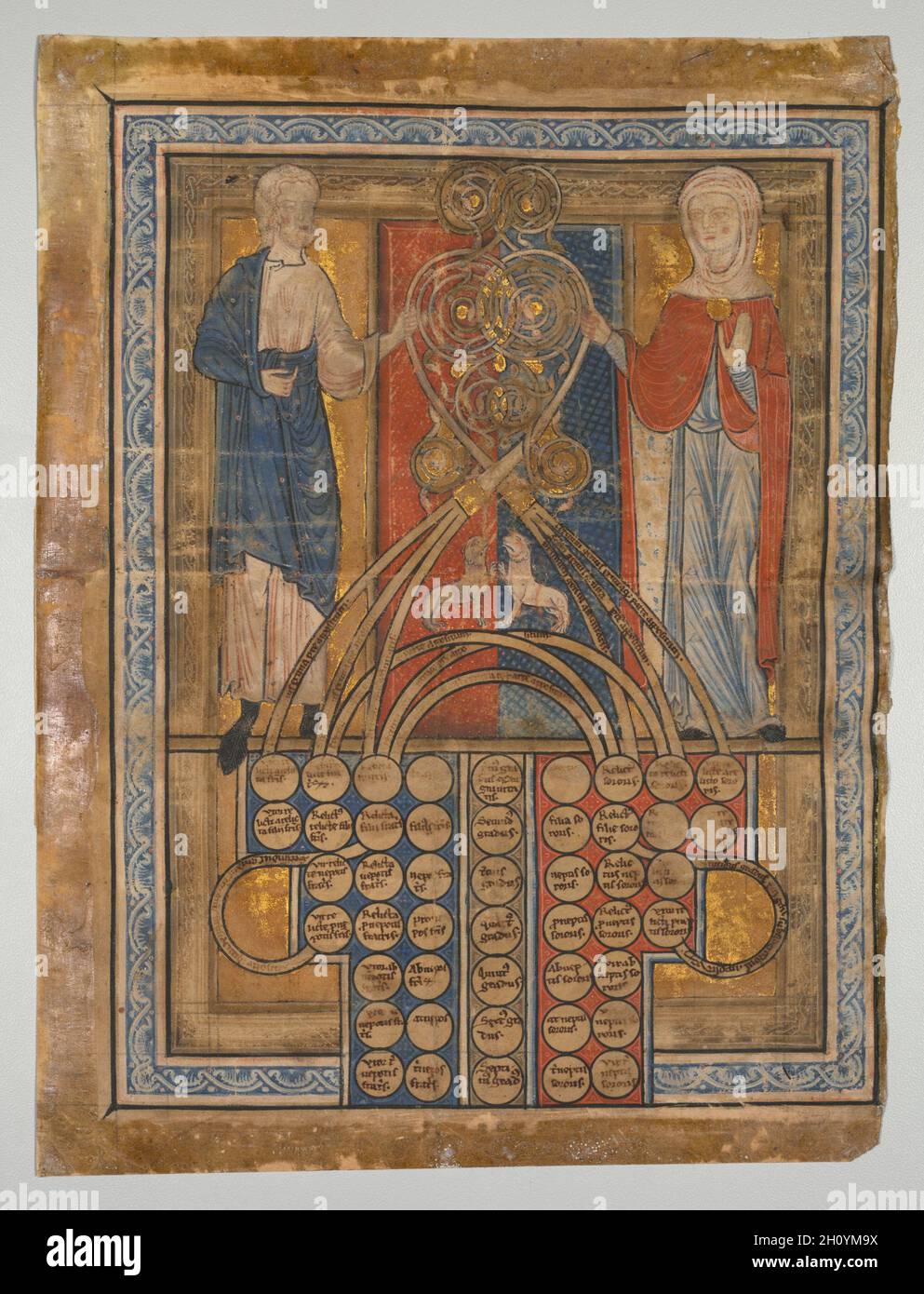 Hoja única: Tabla de consanguinidad, c. 1200. Inglaterra, finales de  12th-principios del siglo 13th. Tinta, tempera y oro sobre vitela; hoja:  28,9 x 21,8 cm (11 3/8 x 8 9/16 pulg.). Los