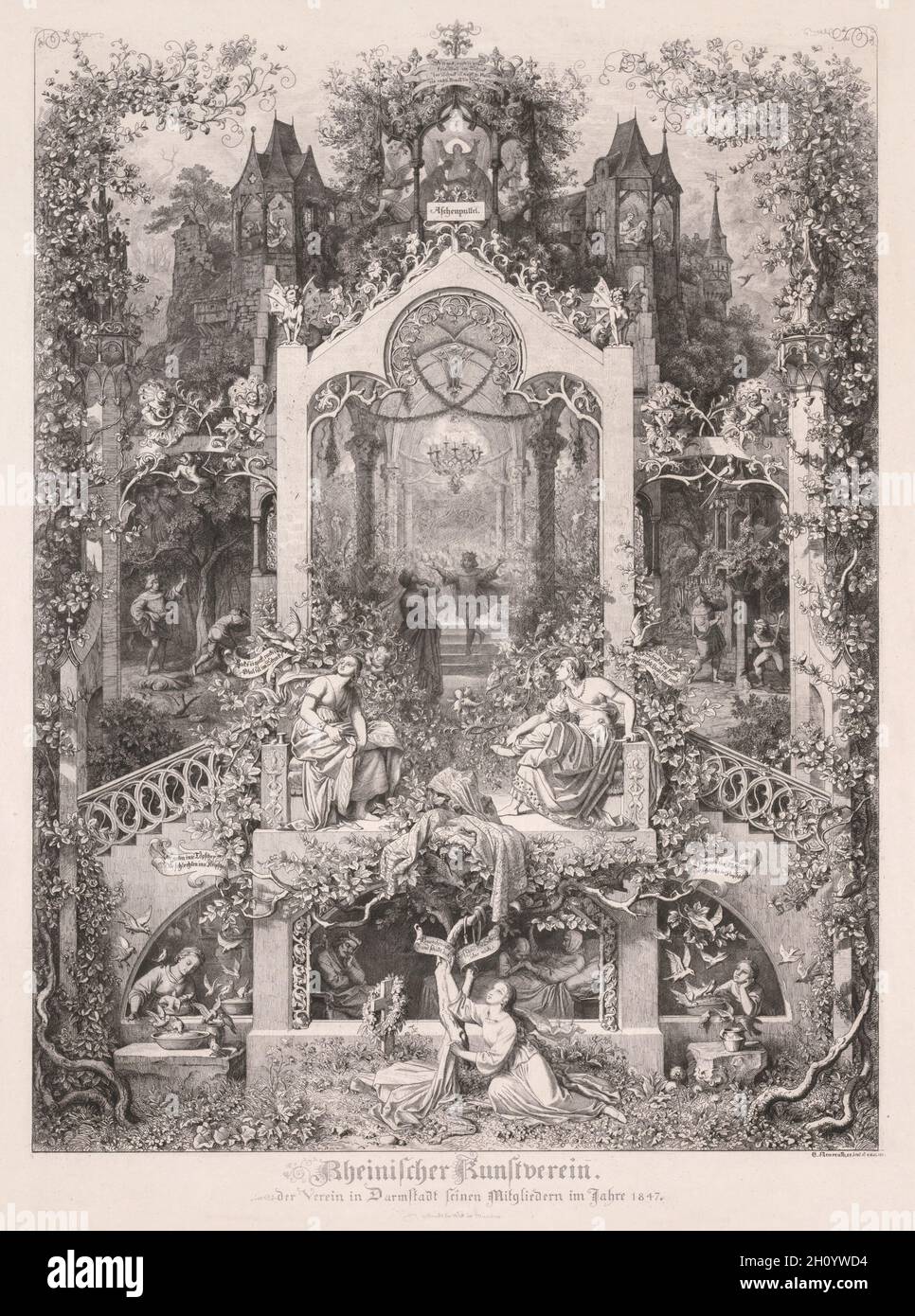 Cenicienta, 1847. Eugen Napoleon Neureuther (alemán, 1806-1862), Wendelin  Wick (alemán, activo 1842-1853). Grabado en acero sobre papel de paloma;  placa: 72 x 54 cm (28 3/8 x 21 1/4 pulg.); hoja: 80
