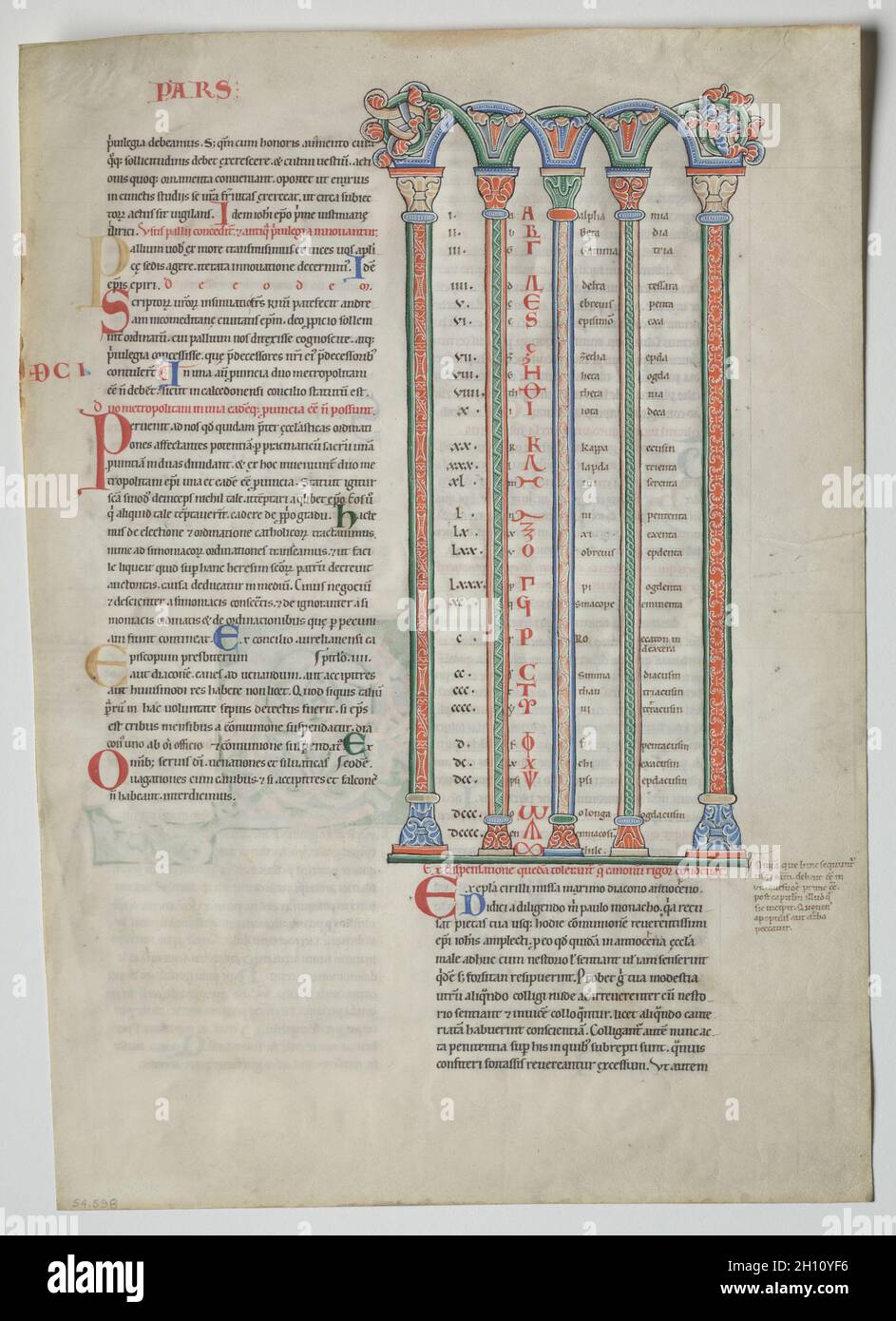 Hoja única de un Decretum de Gratian: Arcada cuádruple con concordancia de alfabetos griegos y latinos , c. 1160-1165. Francia, Borgoña, Arquidiócesis de Sens, Abadía de Pontigny, siglo 12th. Tinta y tempera sobre vitela; hoja: 44,8 x 32 cm (17 5/8 x 12 5/8 pulg.); enmarcado: 63,5 x 48,3 cm (25 x 19 pulg.); enmarchado: 55,9 x 40,6 cm (22 x 16 pulg.). Foto de stock