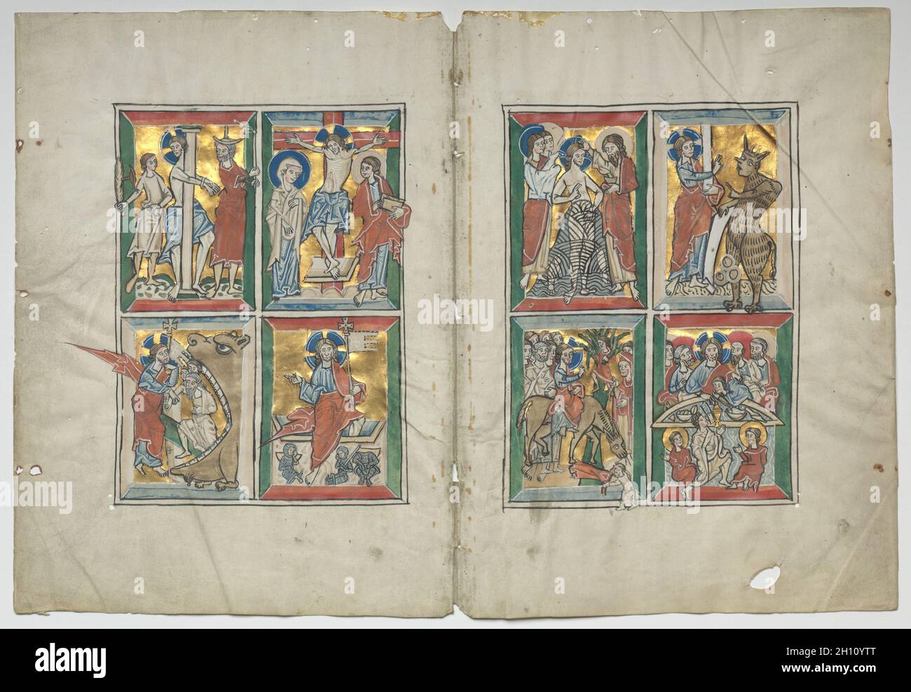 Bifolio con escenas de la vida de Cristo, 1230-1240. Alemania, Baja Sajonia (Diócesis de Hildesheim), Braunschweig(?), del siglo XIII. Témpera y oro en vitela; Hoja: 31 x 22,5 cm (12 3/16 x 8 7/8 in.); enmarcada: 48,3 x 63,5 cm (19 x 25 in.); total: 30,7 x 45,2 cm (12 1/16 x 17 13/16 pulg.); mate: 40,6 x 55,9 cm (16 x 22 pulg.). Foto de stock