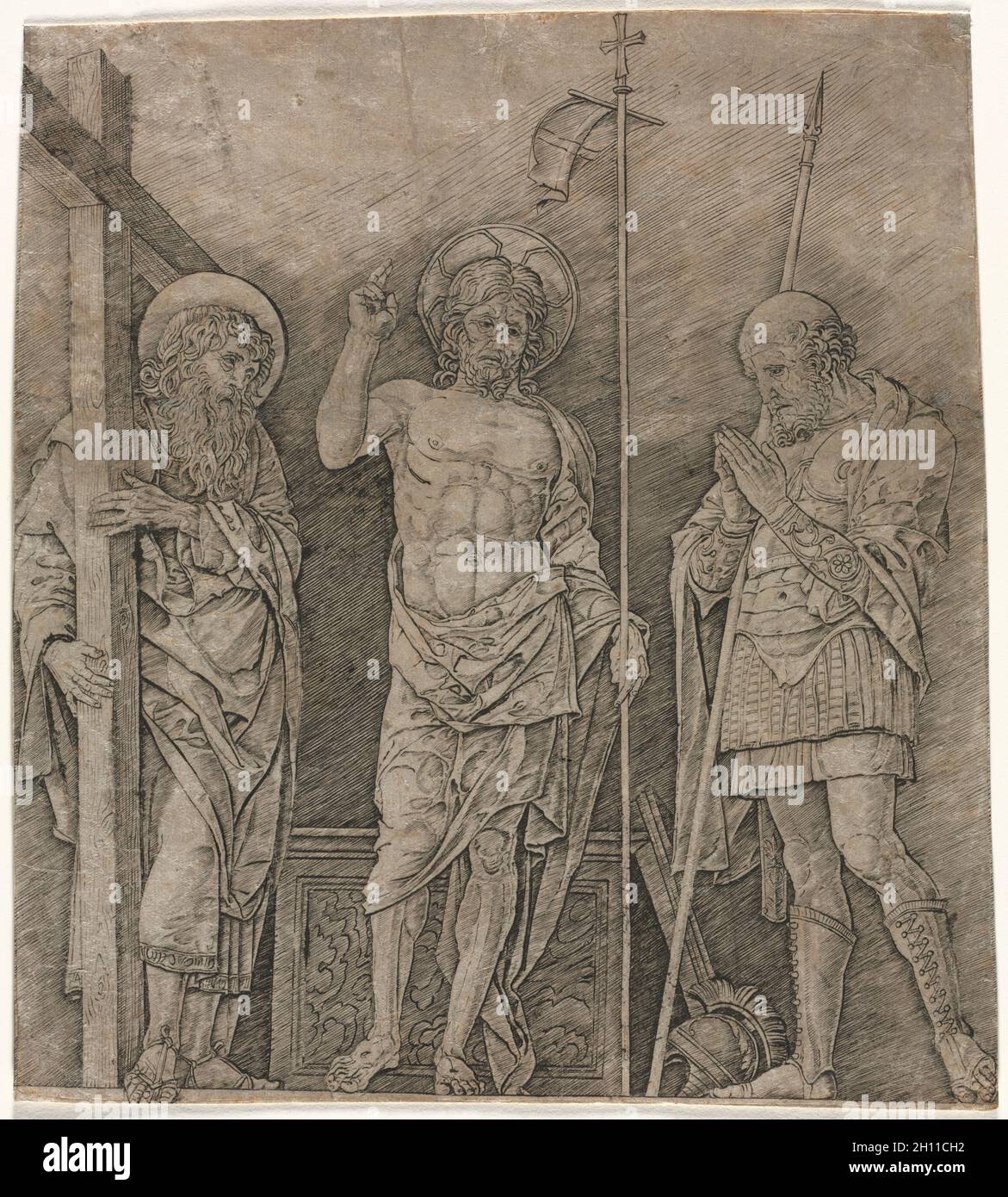El Cristo resucitado entre San Andrés y Longino, a principios de los años 1470. Andrea Mantegna (italiano, 1431-1506). Grabado; hoja: 30,4 x 27,1 cm (11 15/16 x 10 11/16 pulg.). Foto de stock