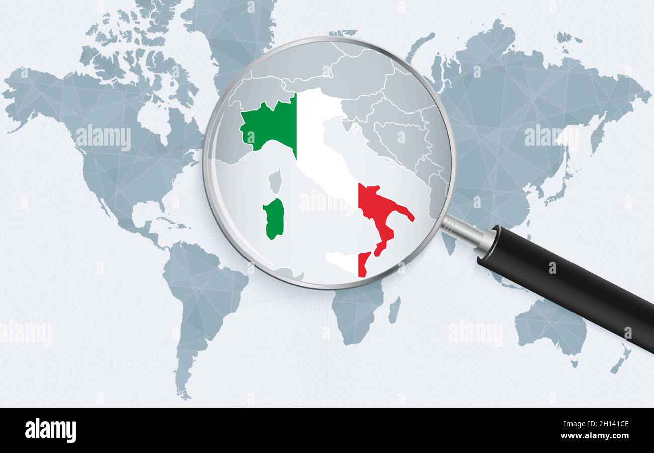 Mapa del mundo con una lupa apuntando a Italia. Mapa de Italia con la  bandera en el bucle. Ilustración vectorial Imagen Vector de stock - Alamy