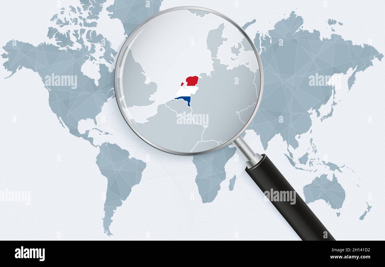 Mapa del mundo con una lupa apuntando a Holanda. Mapa de Países Bajos con  la bandera en el bucle. Ilustración vectorial Imagen Vector de stock - Alamy