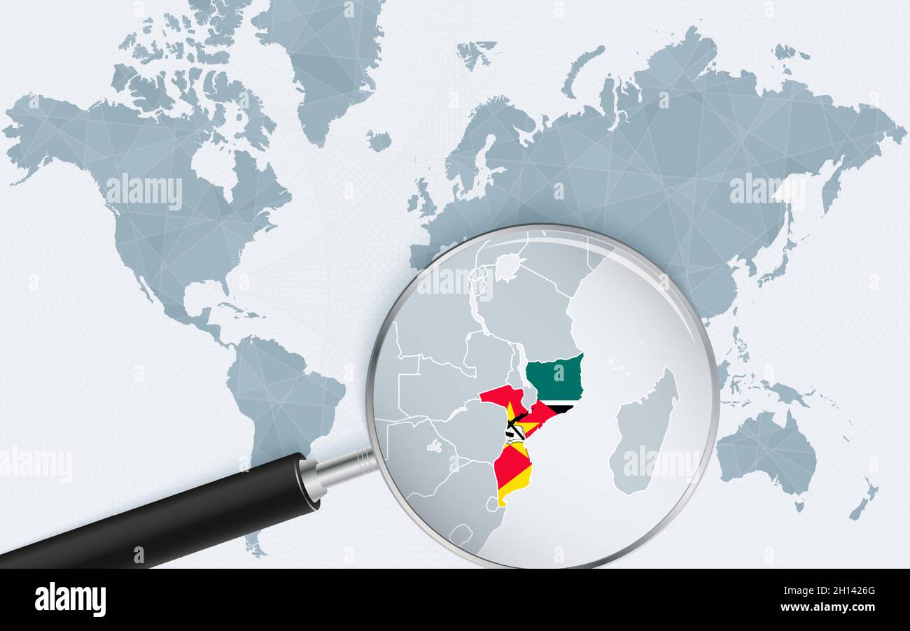 Mapa del mundo con una lupa apuntando a Mozambique. Mapa de Mozambique con la bandera en el bucle. Ilustración vectorial. Ilustración del Vector