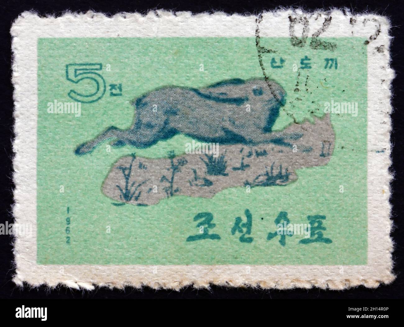 COREA DEL NORTE - CIRCA 1962: Un sello impreso en Corea del Norte muestra la liebre coreana, Lepus Coreanus, es una especie de liebre encontrada en la península coreana, circa Foto de stock