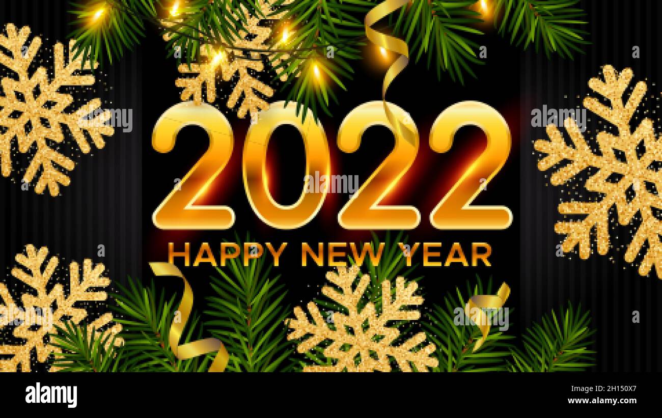 2022 Fondo de Año Nuevo con números dorados 2022, ramas de pino realistas,  copos de nieve de oro brillante, guirnalda luminosa y tinsel Imagen Vector  de stock - Alamy