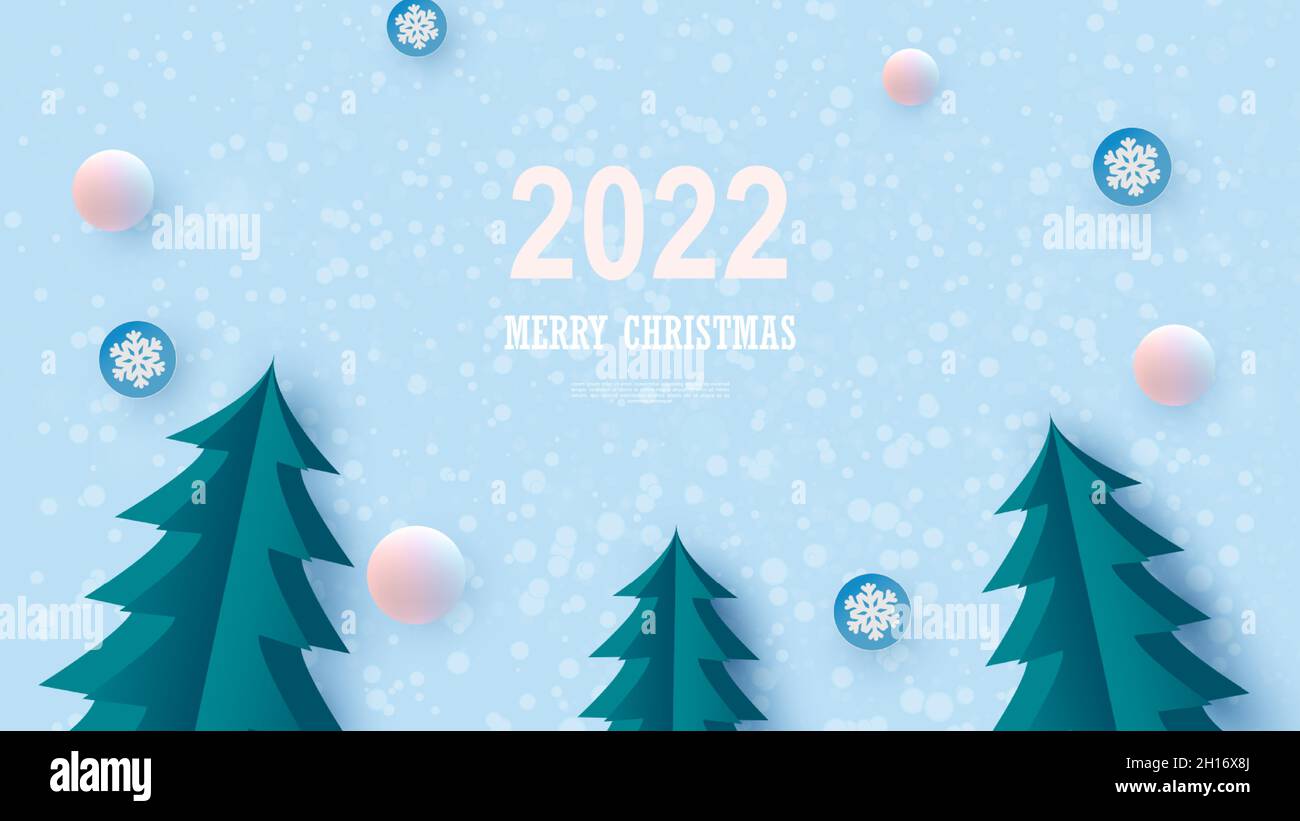 Postal navideña con árboles de Navidad, bolas de nieve y copos de  nieve.Vector Imagen Vector de stock - Alamy