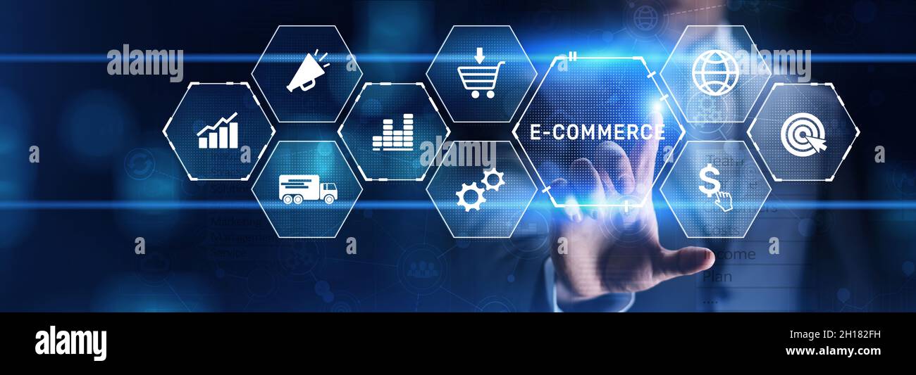 E-commerce compra en línea concepto de la tecnología de la comercialización del Internet. Foto de stock