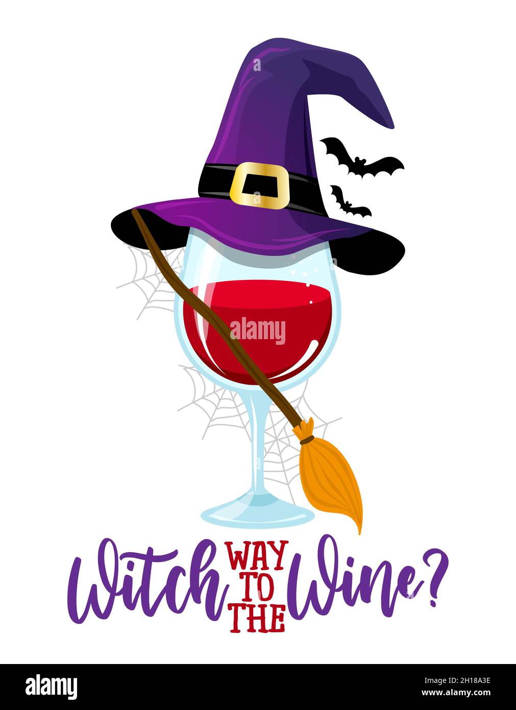 Witch Way to the Wine - Una copa de vino con traje de bruja. - vino tinto con sombrero de bruja, broomstick y murciélagos. Feliz decoración de Halloween. Mi bastón de broomstick Ilustración del Vector