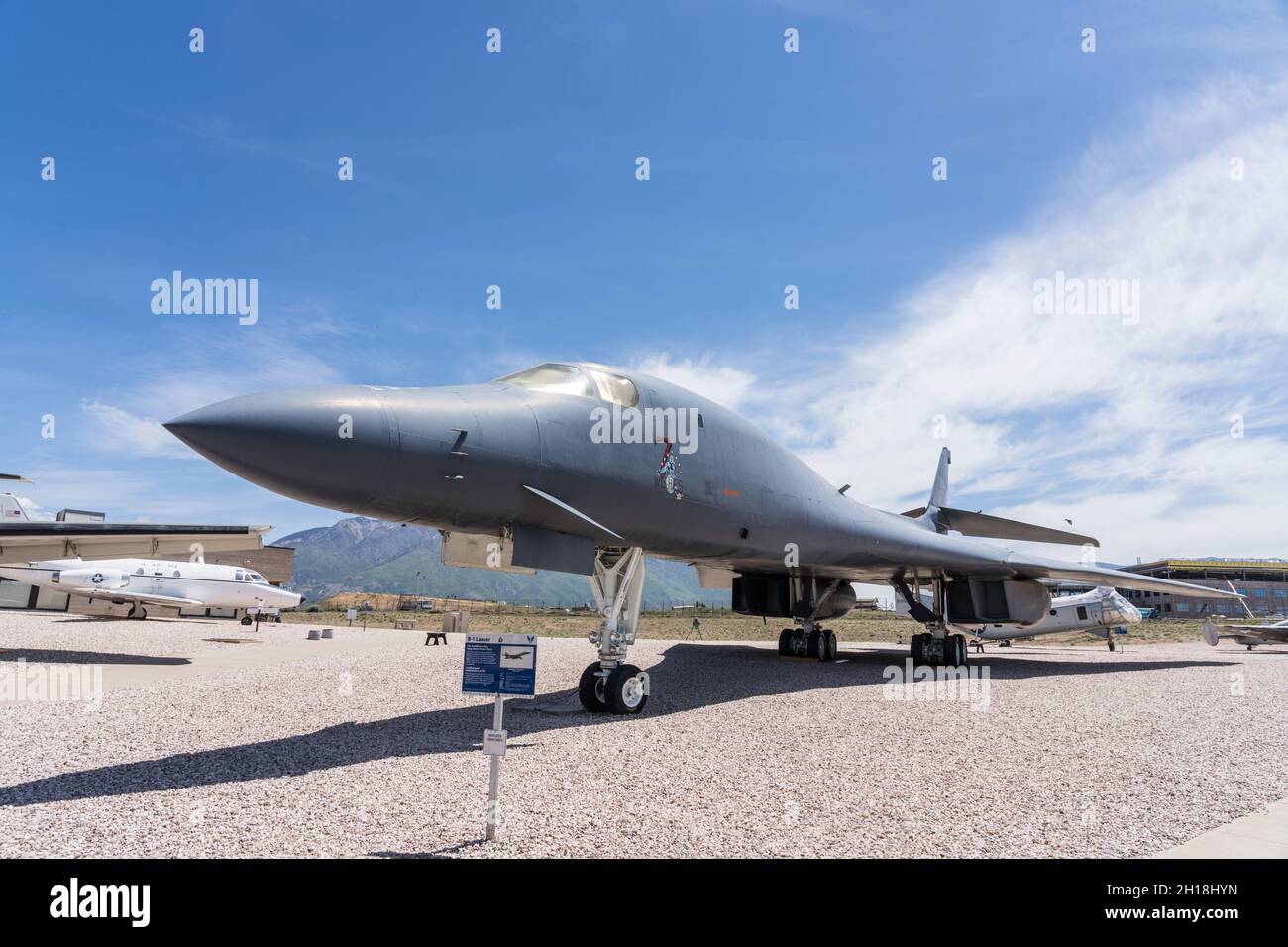 Un bombardero estratégico supersónico Rockwell B-1 Lancer en el Hill Aerospace Museum en Utah. Foto de stock