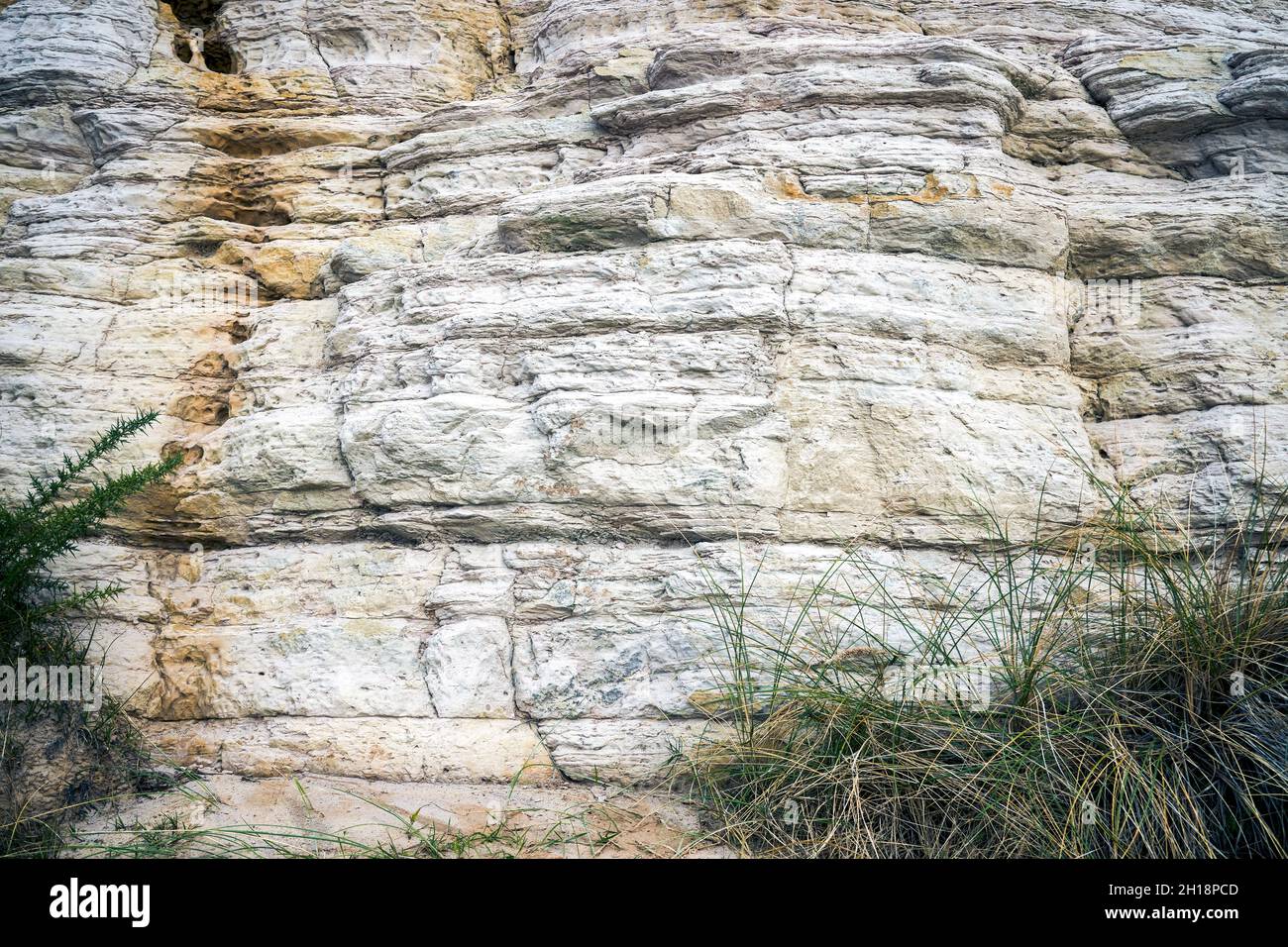 Capas de piedra arenisca formadas durante el período Eoceno que conforman el acantilado este en Bournemouth en Dorset Reino Unido Foto de stock