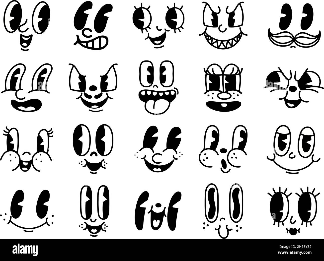 50s dibujos animados vintage y cómic feliz expresiones faciales. Vieja  animación caricaturas cara divertida. Retro extravagante personajes sonreír  juego de vectores emoji Imagen Vector de stock - Alamy