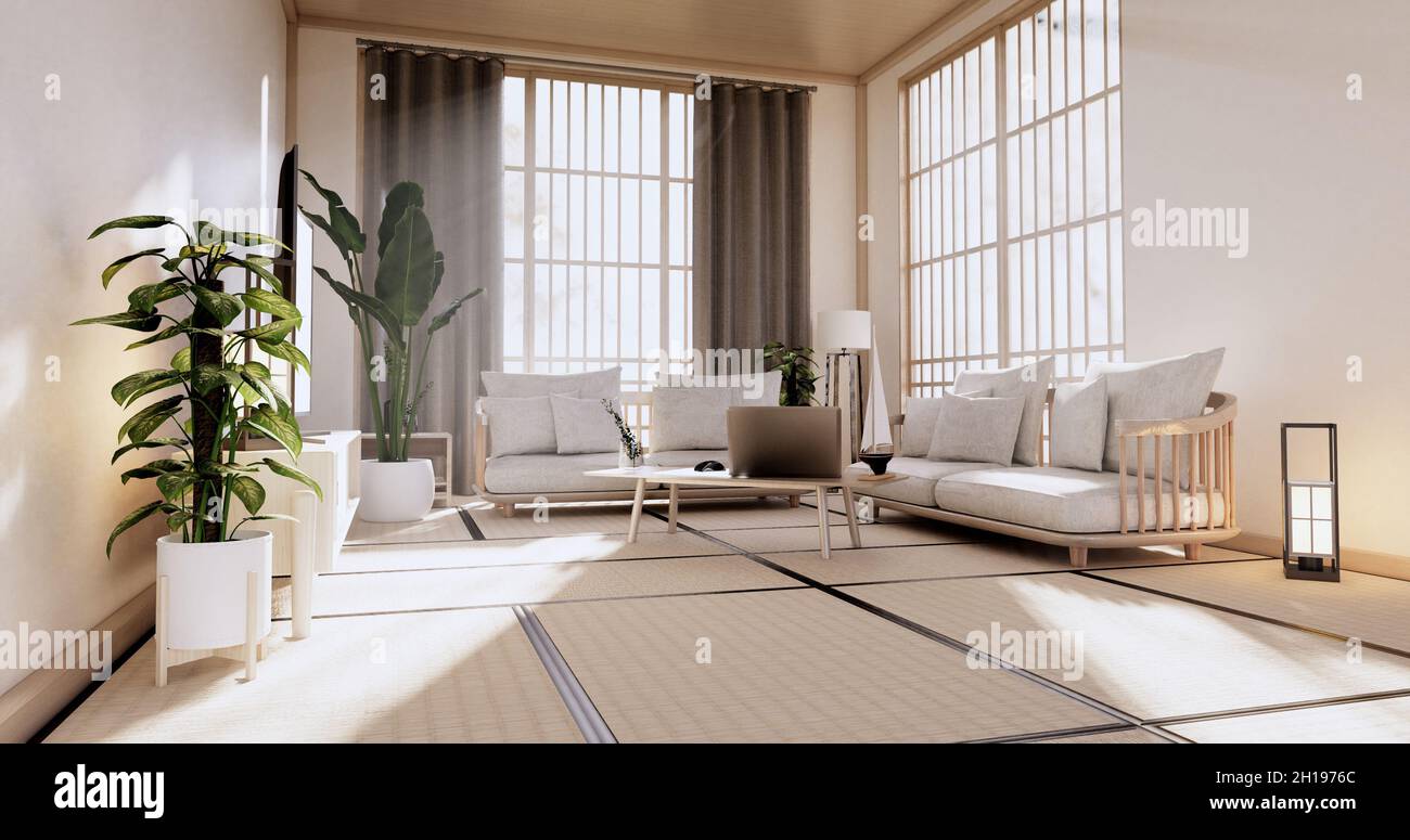 Sillón de madera y tabique japonés en el interior tropical de la habitación  Con suelo tatami y pared blanca.3D rendering Fotografía de stock - Alamy