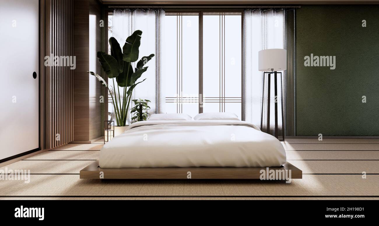 maqueta interior con planta de cama zen y decoartación en dormitorio verde  japonés. 3D renderizado Fotografía de stock - Alamy