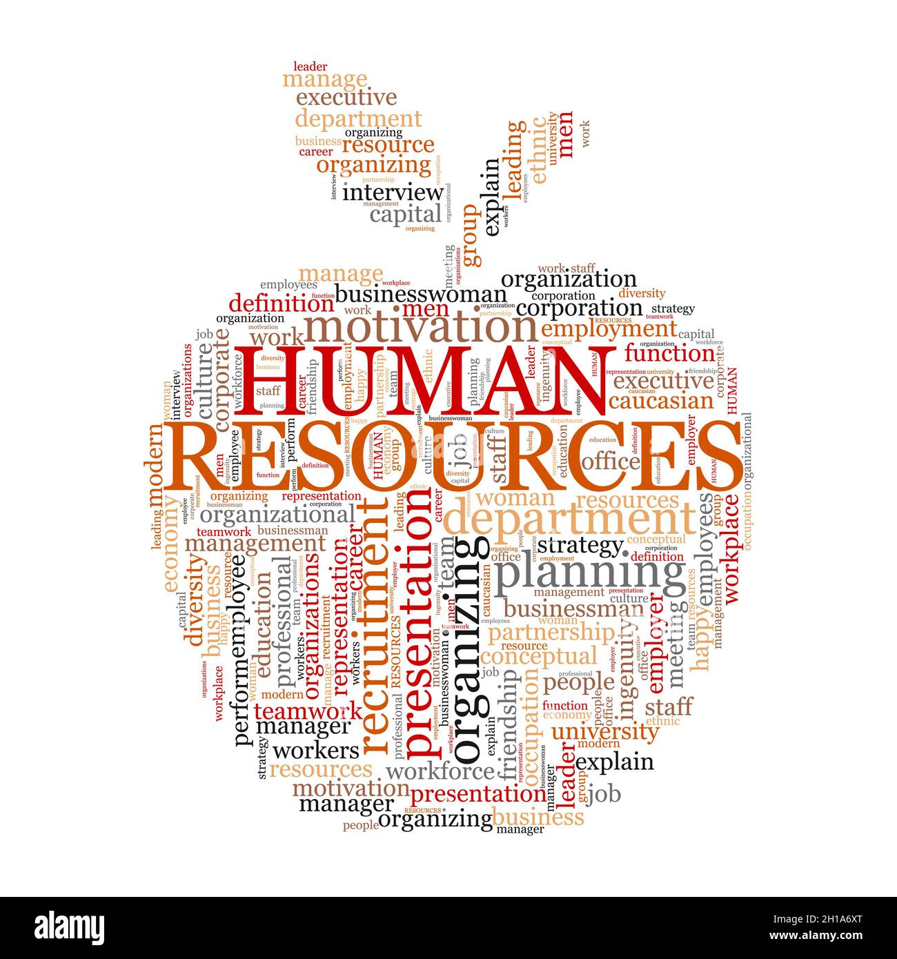 Concepto de nube de palabras de recursos humanos con símbolo de manzana. Ilustración del Vector