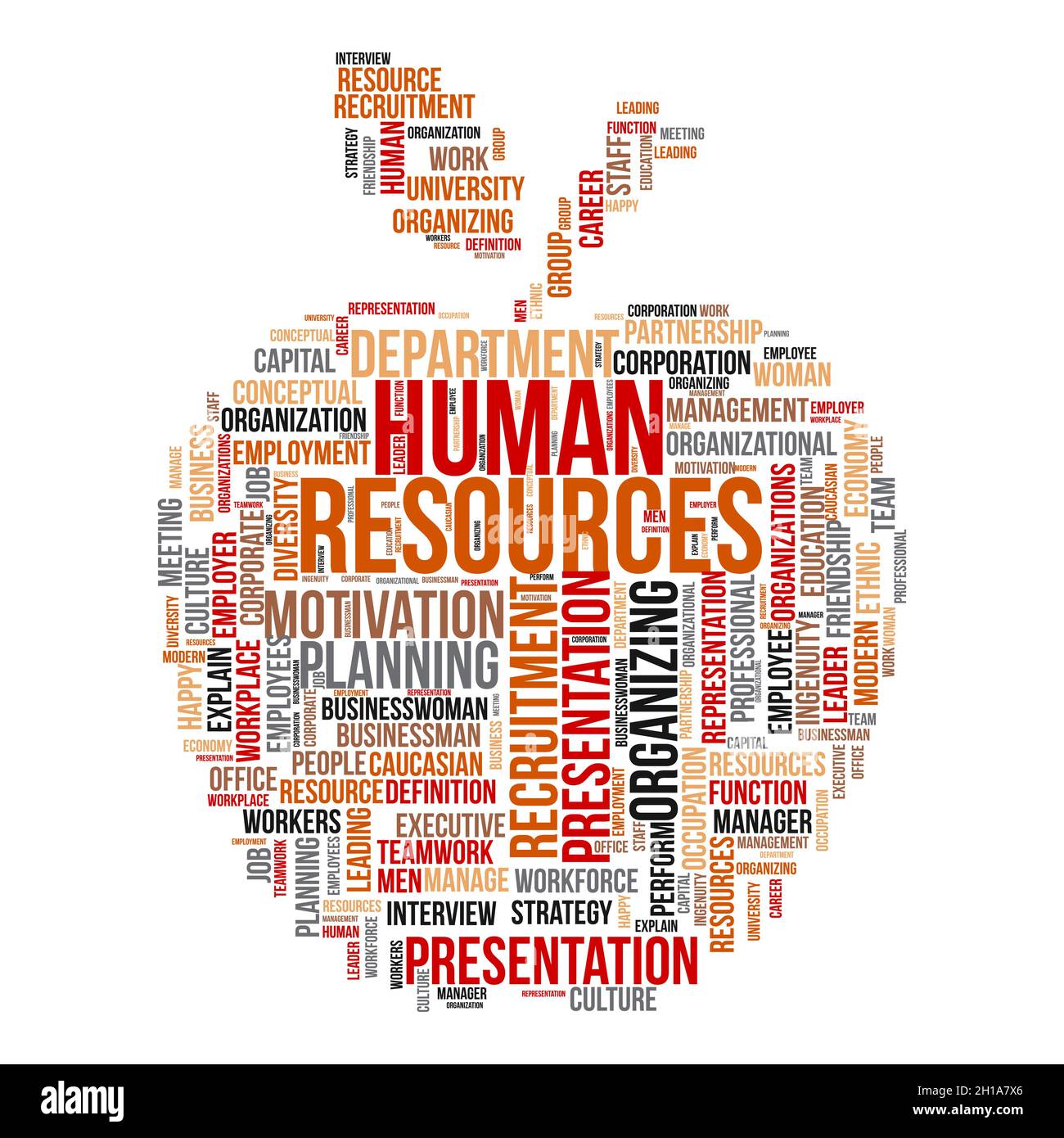 Concepto de nube de palabras de recursos humanos con símbolo de manzana. Ilustración del Vector