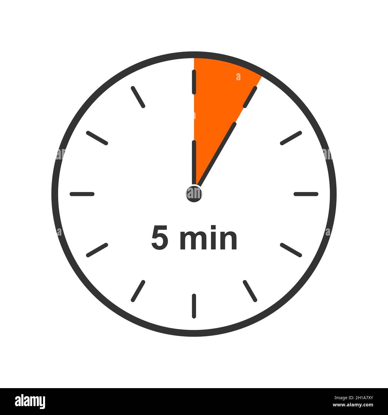 Icono de reloj con intervalo de tiempo de 5 minutos. Símbolo de  temporizador de cuenta atrás o cronómetro aislado sobre fondo blanco.  Elemento infográfico para cocinar o jugar al deporte. Ilustración de