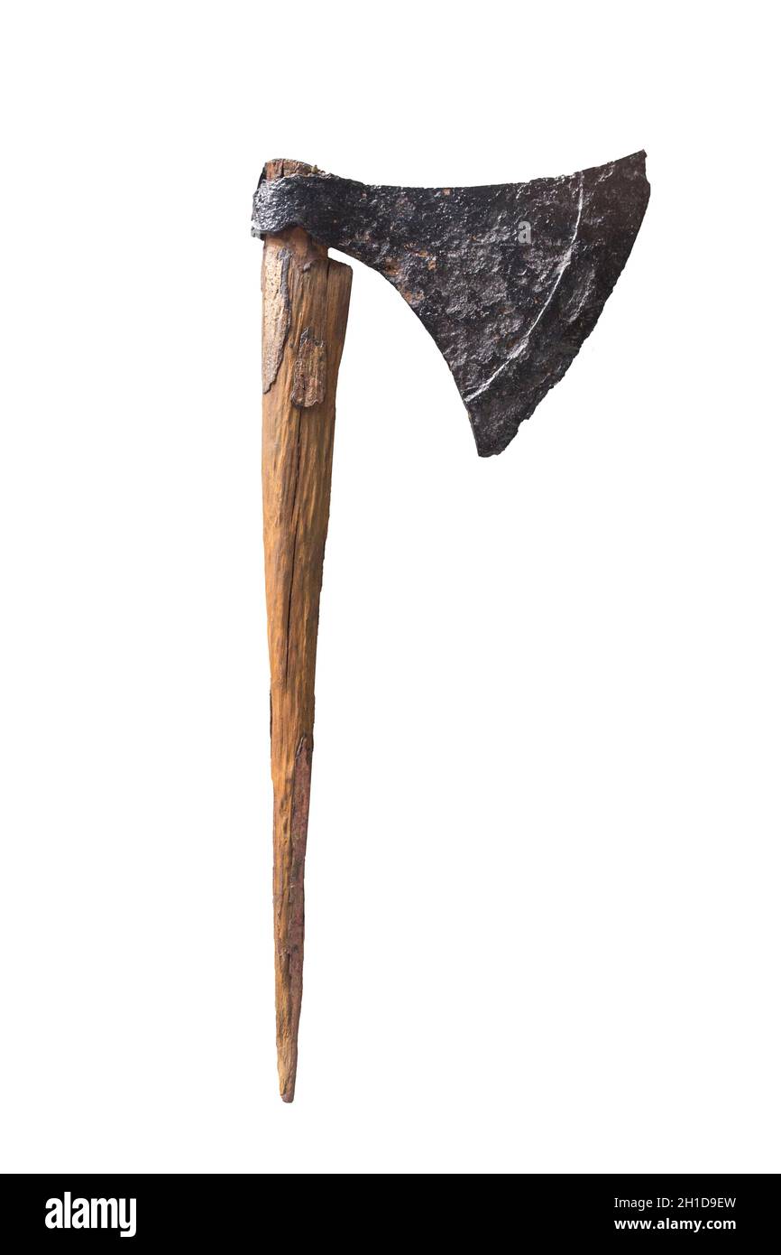 Cabeza de eje de hierro con mango de madera. Hacha de guerra vikingo. Museo Nacional de Arqueología de Irlanda Foto de stock