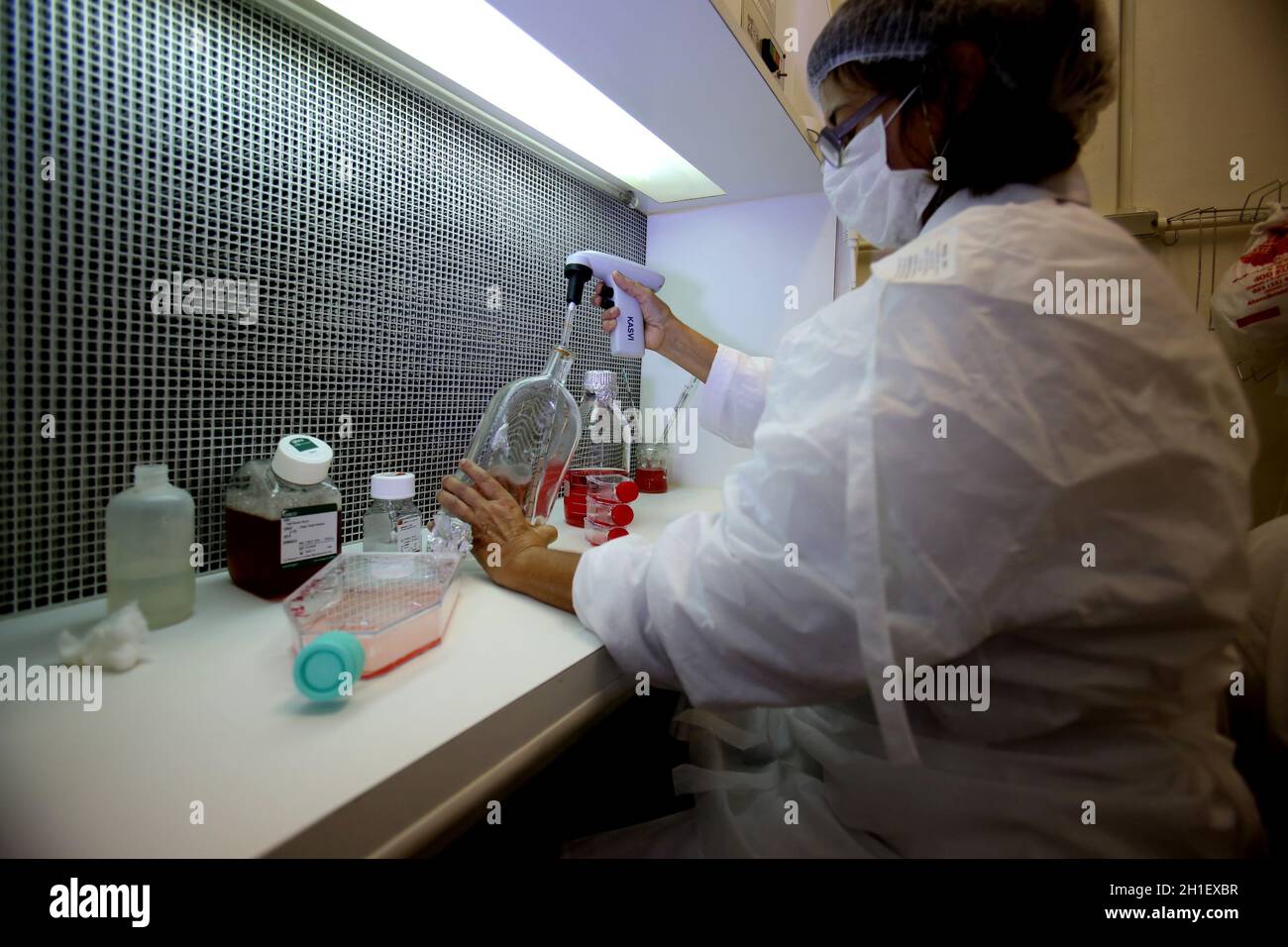 salvador, bahia / brasil - 18 de enero de 2017: Se ve a la persona manejando equipos en Laboratorio de Biología en la ciudad de Salvador. *** Título local *** Foto de stock