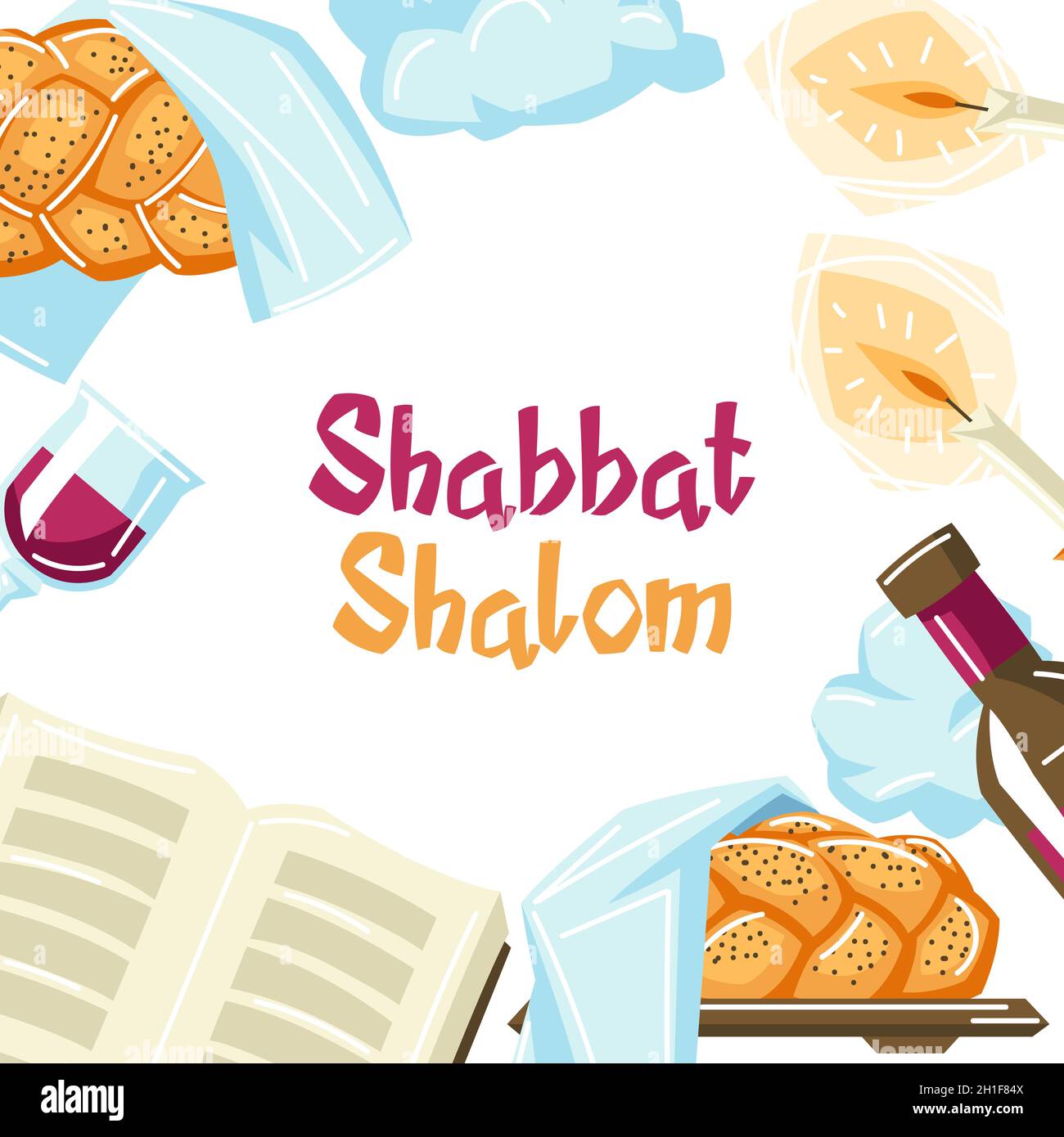 Shabbat Shalom marco con objetos religiosos. Fondo con símbolos judíos