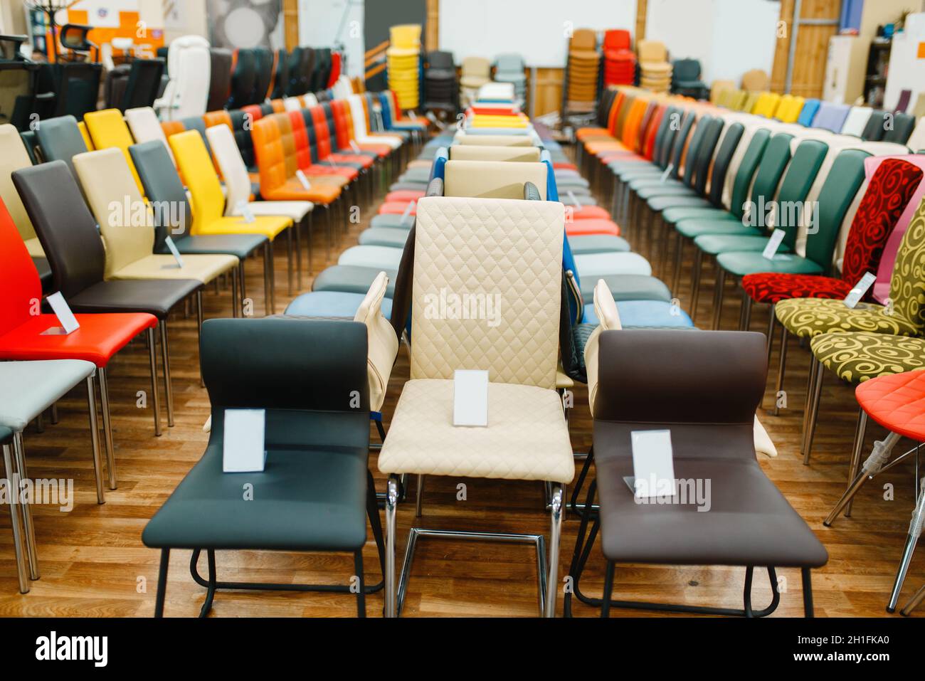 Filas de diferentes sillas en tienda de muebles sala de exposición, nadie.  Muestras de asientos en tienda, artículos para el interior moderno del  hogar Fotografía de stock - Alamy