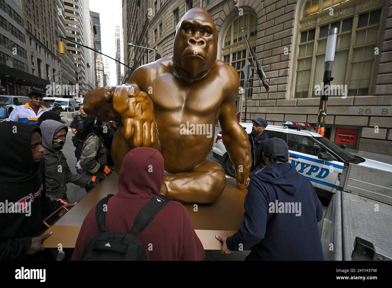 Nueva York, US, 18/10/2021, una estatua de 7 pies de “Harambe” el gorila es removido después de sentarse delante de la Bulla de Carga, como símbolo de protesta por la disparidad de la riqueza, una protesta organizada por Sapien Network, en Bowling Green Park, Nueva York, NY, 18 de octubre de 2021. Se colocaron miles de plátanos alrededor de la bula de carga y luego se retiraron para su distribución a los pantry de alimentos. (Foto de Anthony Behar/Sipa USA) Foto de stock