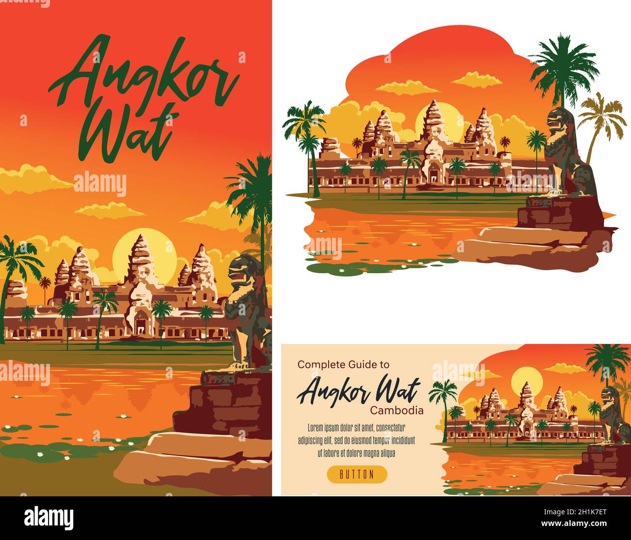 Conjunto de folletos sobre sitios históricos de viajes. Angkor Wat Camboya folleto, revista, póster, libro, banner plantilla Ilustración del Vector