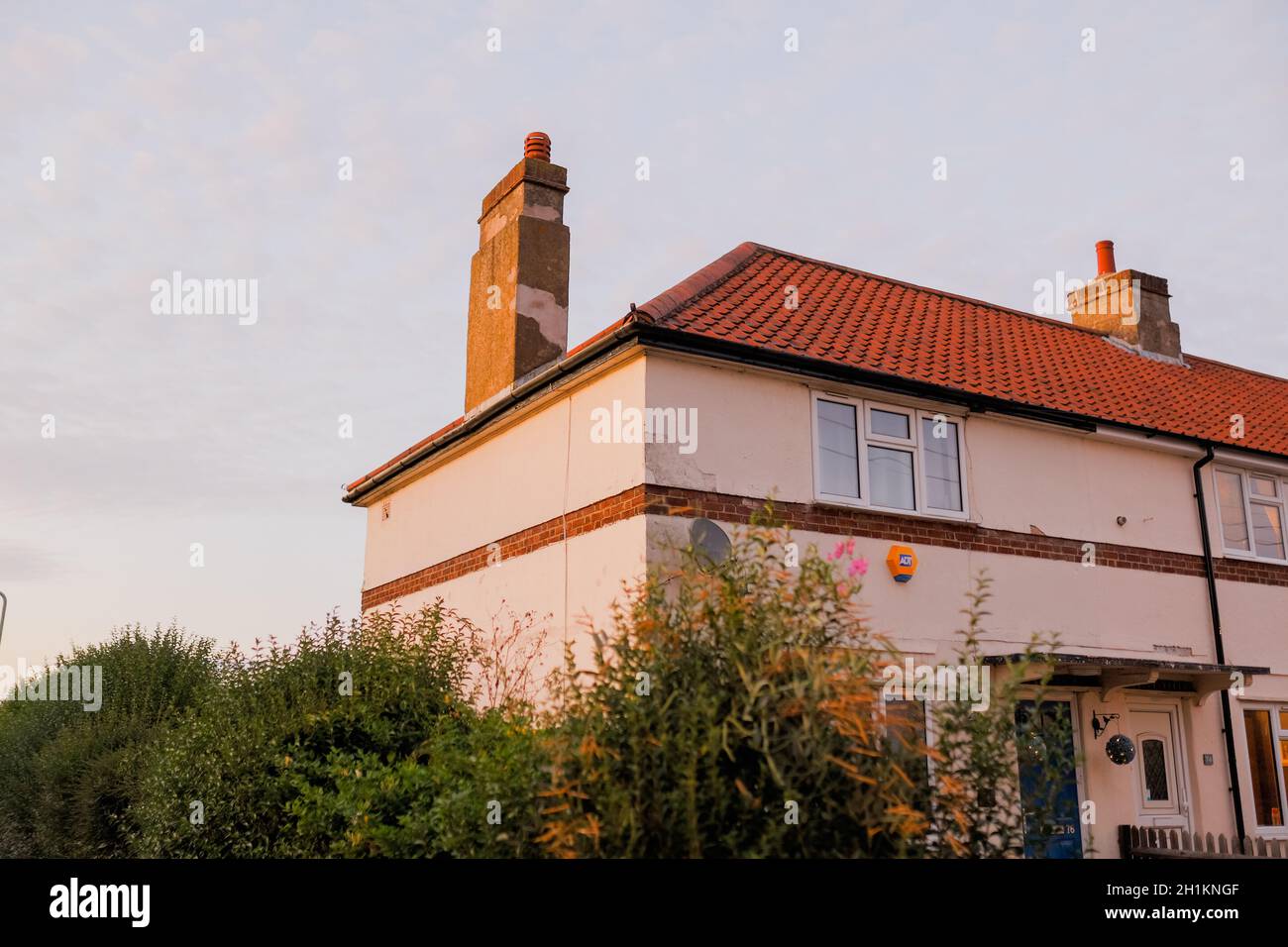 Imagen de una casa de color rosa con árboles fuera y un cielo gris nublado  como fondo Fotografía de stock - Alamy