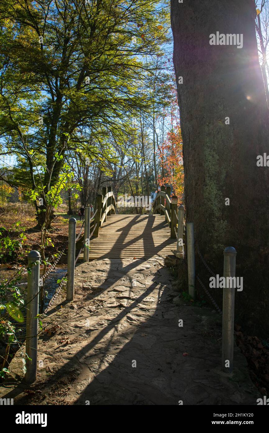 Un puente de madera en un claro día de otoño con el Sol brillando detrás de un árbol en Valley Forge National Parque Histórico Foto de stock