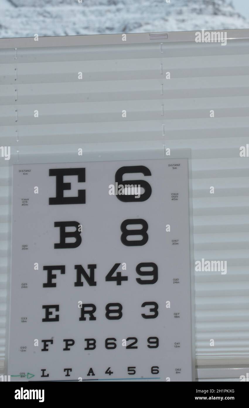 Examen ocular, tabla con letras y números para la medición de la agudeza visual Foto de stock